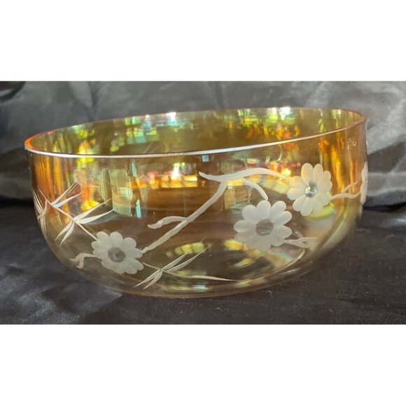 Vintage Mid-Century Amber Iridescent Glass Bowl – 8.5" Etched Floral Design - Picture 3 of 8